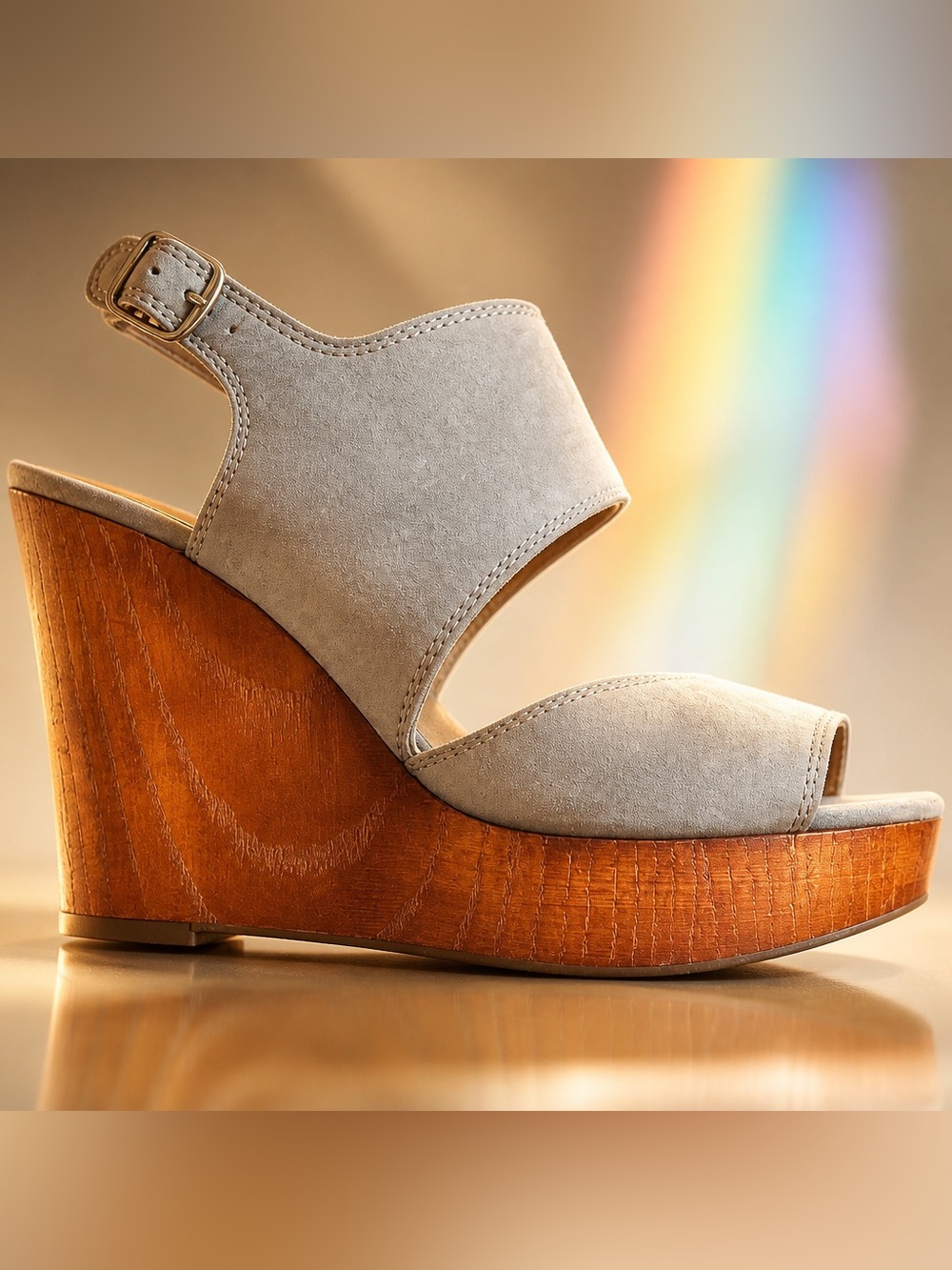 Lucky Brand Light Taupe Suede Wooden Wedge Sandals
